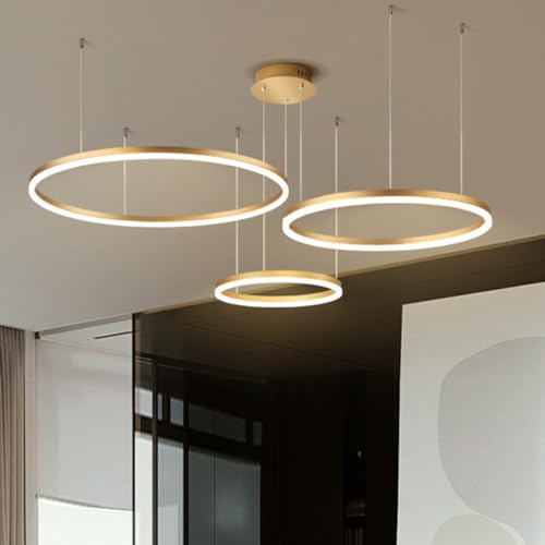 LED Pendelleuchte Modern Dimmbar 3 Ringe Esstisch Hängelampe Rund Aluminium Höhenverstellbar Hängeleuchte Wohnzimmer Leuchte Ringleuchte Lampe Schlafzimmer Kronleuchter Deckenbeleuchtung Golden von MyLjp