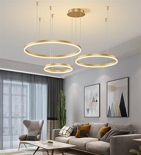 LED Ring Pendellampe Wohnzimmerlampe Moderne Pendelleuchte Dimmbar Mit Fernbedienung Kronleuchter Metall Acryl Hängelampe Esstischlampe Schlafzimmer Deckenleuchte Beleuchtung Gold 3-Rings 20+40+60CM von MyLjp