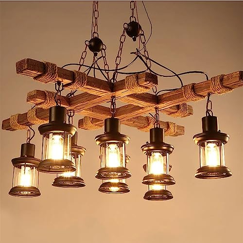 MyLjp Holz Pendelleuchte Rustikal Hängeleuchte E27 Retro Esstisch Hängelampe Retro Höhenverstellbar Pendellampe Industrielle Vintage Kronleuchter Büro Cafe Küche 8-Flammig Deckenleuchte Beleuchtung von MyLjp