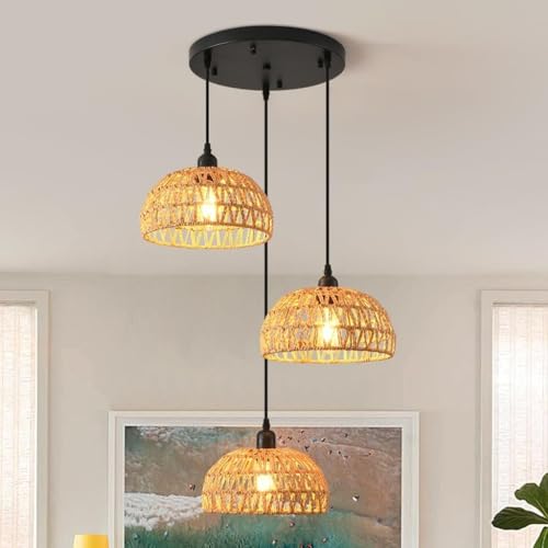 MyLjp Vintage Hanfseil Anhängerlicht 3 Glühbirnen Bohemian Rattan Pendellampe Verstellbare Pendelleuchten Geeignet Für Schlafzimmer Wohnzimmer Küchen Und Esszimmer(A) von MyLjp