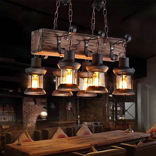 MyLjp Vintage Pendellampe E27 Retro Pendelleuchte Rustikale Holzbalken Edison Hängende Deckenleuchte Hölzerne Art-Hängende Höhenverstellbar Industrielle Loft Bar Küche Esszimmer Industrie Hängelampe von MyLjp