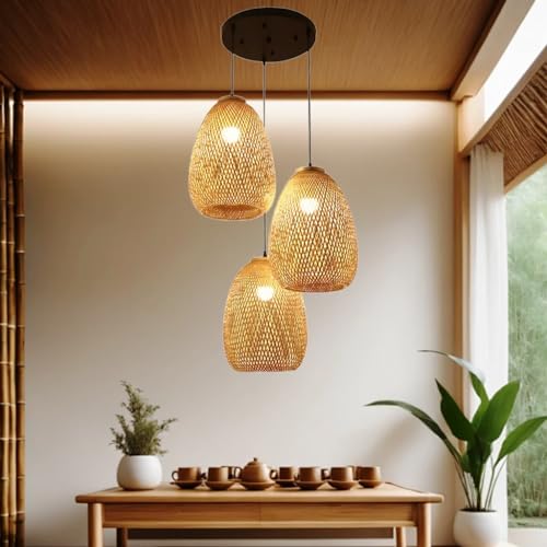 Pendelleuchte Esstisch Hängeleuchte Rattan 3 Flammig, Boho Lampe Rattan Hängelampe, E27 Kronleuchter Antik Landhaus Hängelampe Wicker Lampenschirm Wohnzimmer Esszimmer Küche Deckenlampe(3 light-01) von MyLjp