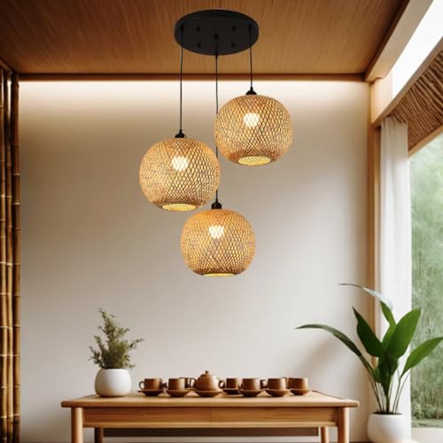 Pendelleuchte Esstisch Hängeleuchte Rattan 3 Flammig, Boho Lampe Rattan Hängelampe, E27 Kronleuchter Antik Landhaus Hängelampe Wicker Lampenschirm Wohnzimmer Esszimmer Küche Deckenlampe(3 light-04) von MyLjp
