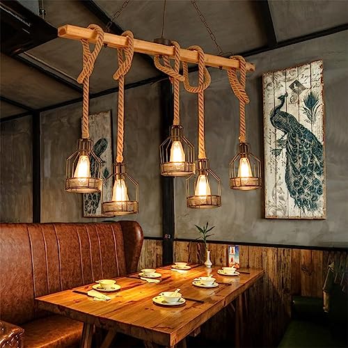 Retro Lampe Deckenlampeled Rustikal Loft Hängeleuchte E27 Holz Hängelampe Metall Höhenverstellbar Pendelleuchte Kronleuchter Aus Hanfseil Küche Esszimmer Bar Restaurant Wohnzimmer Café Lichter von MyLjp