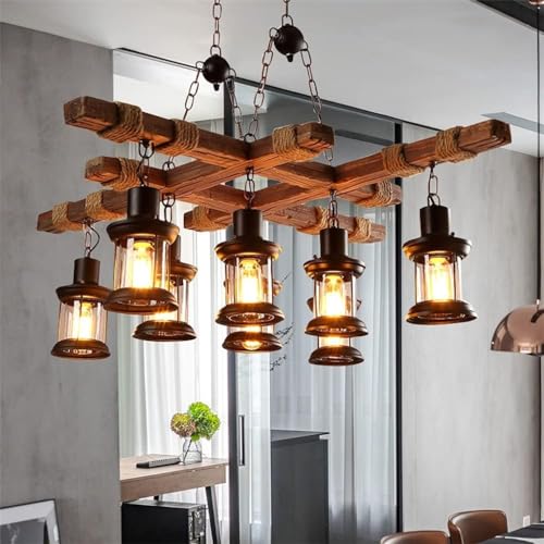 Vintage Pendellampe E27 Industrie Esszimmer Pendelleuchte Retro Holz Kronleuchter Schwarz Eisen Glas Lampenschirm Höhenverstellbare Hängelampe 8-Flammen Lampe Loft Wohnzimmer Bar Deko Deckenleuchte von MyLjp