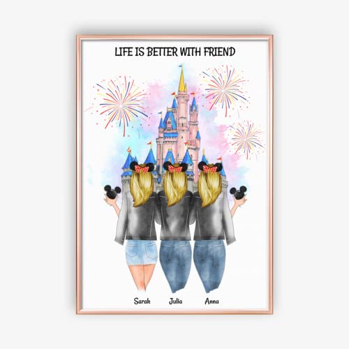 3 Freundinnen Disneyland mit Feuerwerk Memory Poster | Perfektes und Personalisiertes Geschenk für Sie und Ihre besten Freunde | Passen Sie Ihr eigenes Poster an (DIN A4) von MyMagicMemory