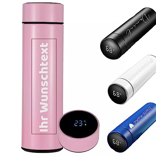 Gravierte Personalisierte Thermoskanne mit Temperaturanzeige 500ml Trinkflasche, Thermobecher-flasche in einem, aus Edelstahl für unterwegs für Kaffee und Tee, schule, uni, thermoflasche von MyMagicMemory