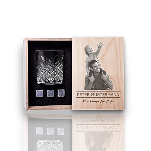 Personalisierbare Box - Whiskey Glas & Holz Geschenkbox mit Bildgravur - Porträt - 3 Whisky Steine - Geschenkset - Eiswürfel Wiederverwendbar von MyMagicMemory