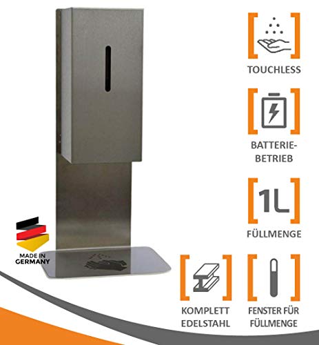 MyMAXXI | Mobiler Hand Desinfektionsmittelspender Sensor Steel Tisch & Tresen Edelstahl Set 1x 1L Desinfektionsmittel stehend automatisch | touchless Disinfection | Desinfektionsspender Standfuß von MyMaxxi