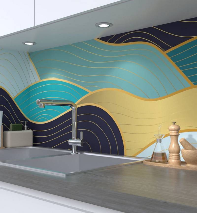 MyMaxxi Dekorationsfolie Küchenrückwand selbstklebend blau gold Wellen Spritzschutz Folie, (Klebefolie passend geschnitten und gerollt) von MyMaxxi