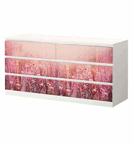 MyMaxxi - Klebefolie Möbel passend für IKEA Malm Kommode - Motiv Blumenfeld Pink - Möbelfolie selbstklebend - Dekofolie Tattoo Aufkleber Folie für Wohnzimmer, malm_Groesse:6 Schubladen breit von MyMaxxi