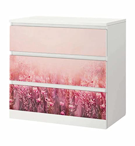 MyMaxxi - Klebefolie Möbel passend für IKEA Malm Kommode - Motiv Blumenfeld Pink - Möbelfolie selbstklebend - Dekofolie Tattoo Aufkleber Folie für Wohnzimmer, malm_Groesse:3 Schubladen von MyMaxxi