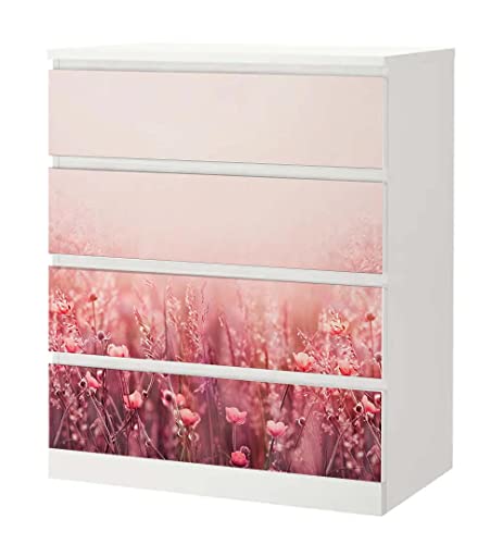 MyMaxxi - Klebefolie Möbel passend für IKEA Malm Kommode - Motiv Blumenfeld Pink - Möbelfolie selbstklebend - Dekofolie Tattoo Aufkleber Folie für Wohnzimmer, malm_Groesse:4 Schubladen von MyMaxxi