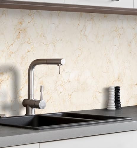 MyMaxxi Küchenrückwand Folie selbstklebend matt Versteift - einfache Montage ohne Bohren - Motiv Marmor beige 60cm hoch - Spritzschutz Küche Klebefolie - Steine Mauer Verlauf 220 x 60cm von MyMaxxi