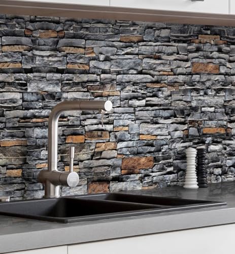 MyMaxxi Küchenrückwand Folie selbstklebend matt Versteift - einfache Montage ohne Bohren - Motiv Mauer 01-60cm hoch - Spritzschutz Küche Klebefolie - Mauerziegel Steine 340 x 60cm von MyMaxxi