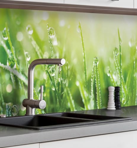 MyMaxxi Küchenrückwand Folie selbstklebend matt Versteift - einfache Montage ohne Bohren - Motiv Wiese 60cm hoch - Spritzschutz Küche Klebefolie - Natur Tau Gräser 400 x 60cm von MyMaxxi