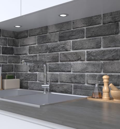 MyMaxxi Küchenrückwand Folie selbstklebend matt - einfache Montage ohne Bohren 0,4mm stark Versteift - Motiv Backsteinwand grau 60cm hoch - Spritzschutz Küche Klebefolie - Steine Mauer 180 x 60cm von MyMaxxi