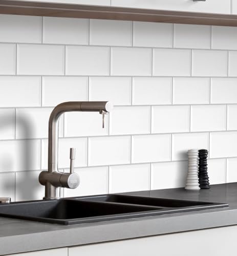 MyMaxxi Küchenrückwand Folie selbstklebend matt - einfache Montage ohne Bohren 0,4mm stark Versteift - Motiv Fliesen Wand Weiß 60cm hoch - Spritzschutz Küche Klebefolie - Helle Ziegel 80 x 60cm von MyMaxxi