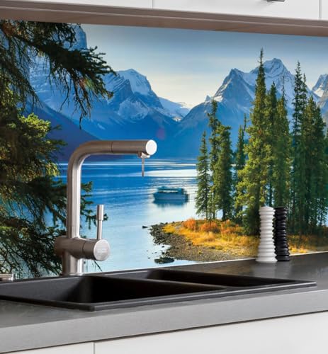 MyMaxxi Küchenrückwand Folie selbstklebend matt - einfache Montage ohne Bohren 0,4mm stark Versteift - Motiv Landschaft 07-60cm hoch - Spritzschutz Küche Klebefolie - Baum Berg See 220 x 60 cm von MyMaxxi
