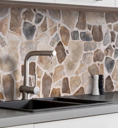 MyMaxxi Küchenrückwand Folie selbstklebend matt - einfache Montage ohne Bohren 0,4mm stark Versteift - Motiv Mauer 04-60cm hoch - Spritzschutz Küche Klebefolie - Stein Ziegel 340 x 60cm von MyMaxxi