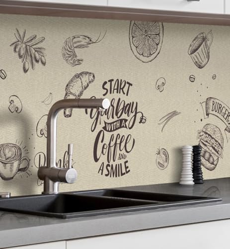 MyMaxxi Küchenrückwand Folie selbstklebend matt - einfache Montage ohne Bohren 0,4mm stark Versteift - Motiv Menü Leinwand Beige Schwarz 60cm hoch - Spritzschutz Küche Klebefolie 280 x 60cm von MyMaxxi