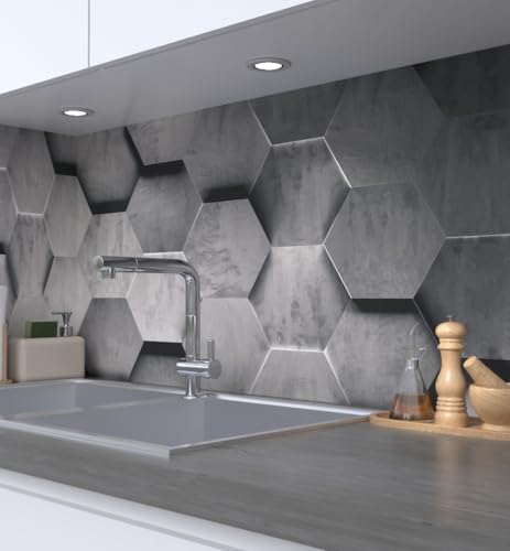 MyMaxxi Küchenrückwand Folie selbstklebend matt - einfache Montage ohne Bohren 0,4mm stark Versteift - Motiv Sechsecke grau 60cm hoch - Spritzschutz Küche Klebefolie ? Polygon Elegant 180 x 60cm von MyMaxxi
