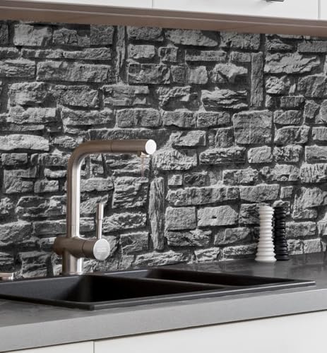 MyMaxxi Küchenrückwand Folie selbstklebend matt - einfache Montage ohne Bohren 0,4mm stark Versteift - Motiv Ziegelwand Grau 60cm hoch - Spritzschutz Küche Klebefolie - Steinwand Anthrazit 60 x 60cm von MyMaxxi