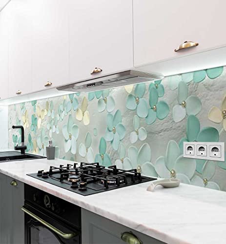 MyMaxxi Küchenrückwand Folie selbstklebend matt - einfache Montage ohne Bohren 0,4mm stark Versteift - Motiv blühender Baum weiß türkis 60cm hoch - Spritzschutz Küche Klebefolie ? Blüten 340 x 60cm von MyMaxxi