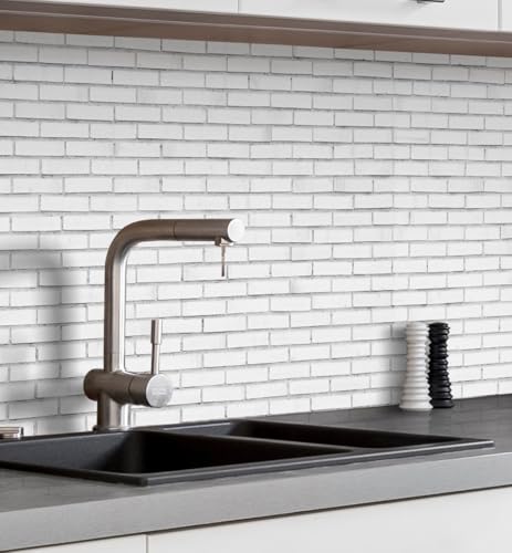 MyMaxxi Küchenrückwand Folie selbstklebend matt Versteift - einfache Montage ohne Bohren - Motiv Klinker weiß 60cm hoch - Spritzschutz Küche Klebefolie - Wand Mauer 340 x 60cm von MyMaxxi