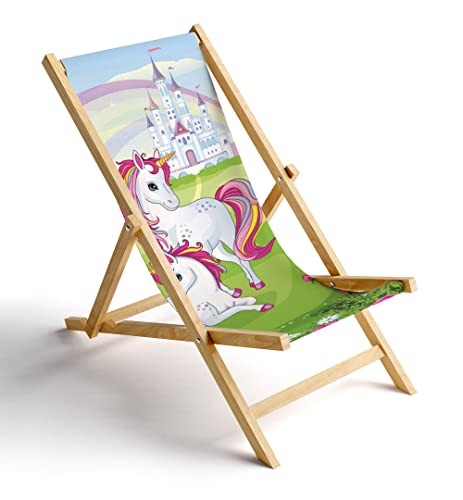 MyMaxxi Liegestuhl Holz Bedruckt Gartenstuhl - Einhörner auf Wiese - Terrasse Balkon Sonnenliege - klappbar Strandstuhl Garten - Relax Gartenliege - verstellbar von MyMaxxi