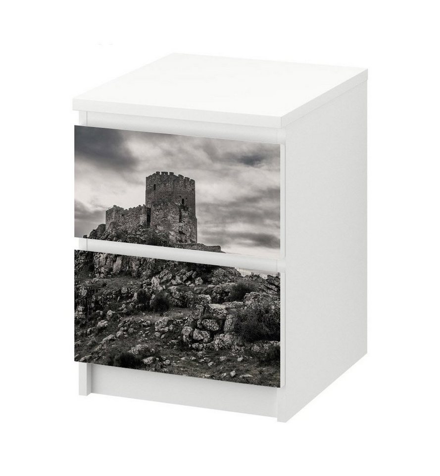 MyMaxxi Möbelfolie Kommodenaufkleber Malm Alte Burg auf Bergspitze sw Möbelfolie Folie, (Altes Schloss schwarz weiss, 1St.}, Ein Aufkleber je Schublade), Selbstklebend von MyMaxxi
