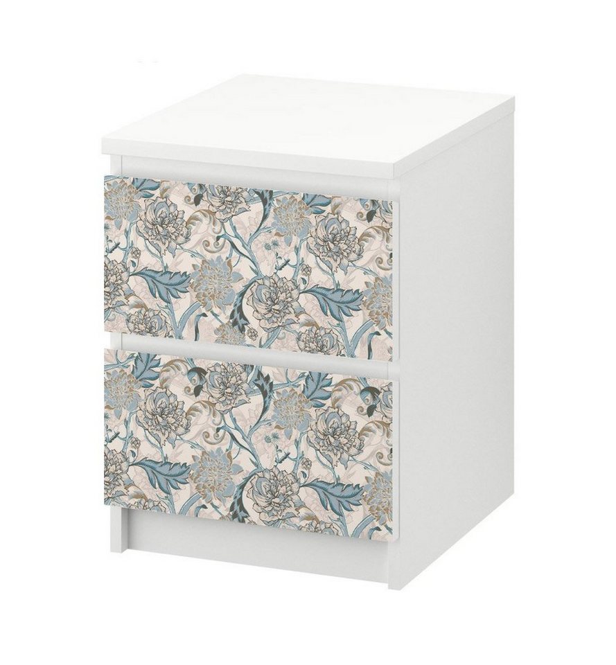 MyMaxxi Möbelfolie Kommodenaufkleber Malm Vintage große blaue Blüten Möbelfolie Folie, (Vintage Tapete Blüte blau, }, Ein Aufkleber je Schublade), Selbstklebend von MyMaxxi
