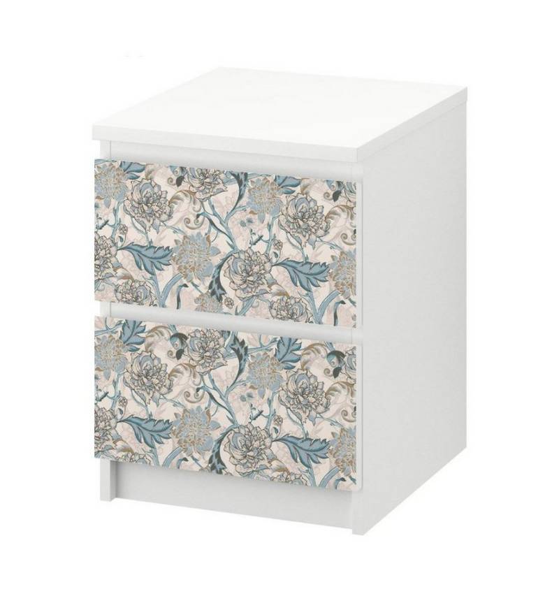 MyMaxxi Möbelfolie Kommodenaufkleber Malm Vintage große blaue Blüten Möbelfolie Folie, (Vintage Tapete Blüte blau, }, Ein Aufkleber je Schublade), Selbstklebend von MyMaxxi