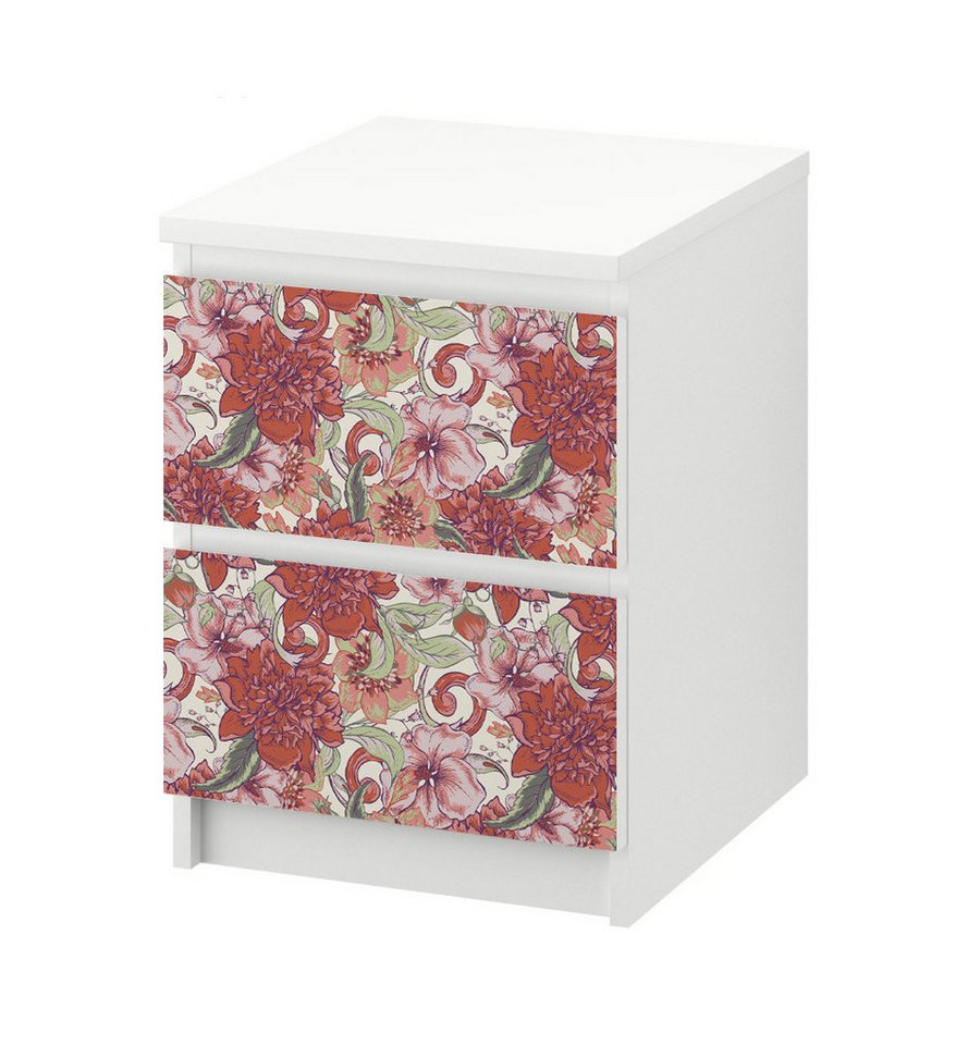 MyMaxxi Möbelfolie Kommodenaufkleber Malm Vintage rotes Blumenbeet Klebefolie Möbelfolie, (Vintage Tapete rot, }, Ein Aufkleber je Schublade), Selbstklebend von MyMaxxi