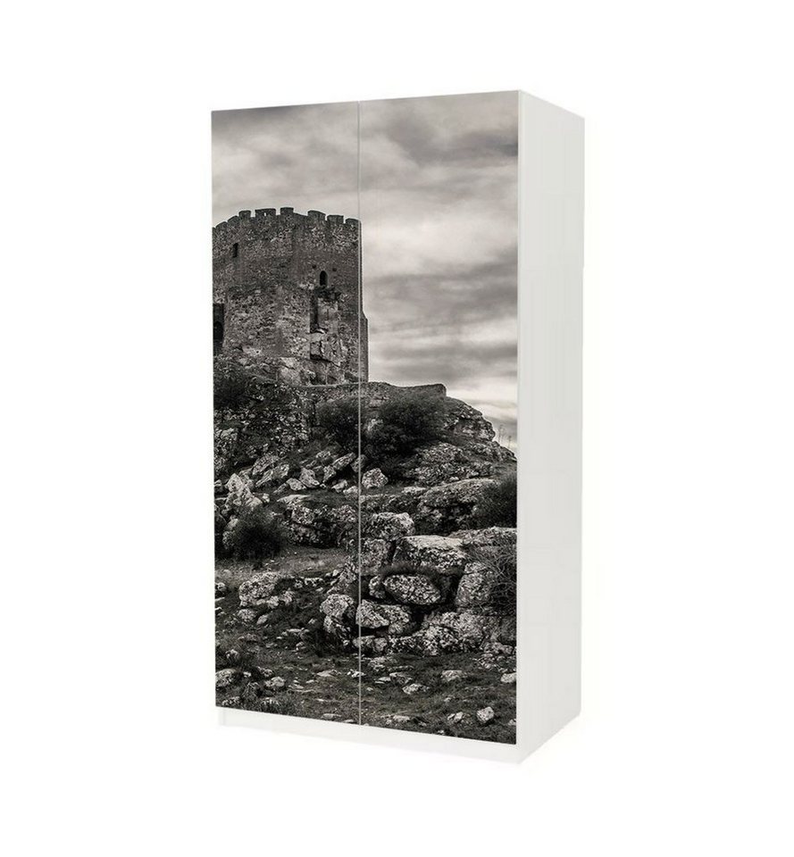 MyMaxxi Möbelfolie Schrankaufkleber Pax Alte Burg Bergspitze Klebefolie Möbelfolie Folie, (Altes Schloss schwarz weiss, 2St.}, Ein Aufkleber je Schranktür), Selbstklebend von MyMaxxi