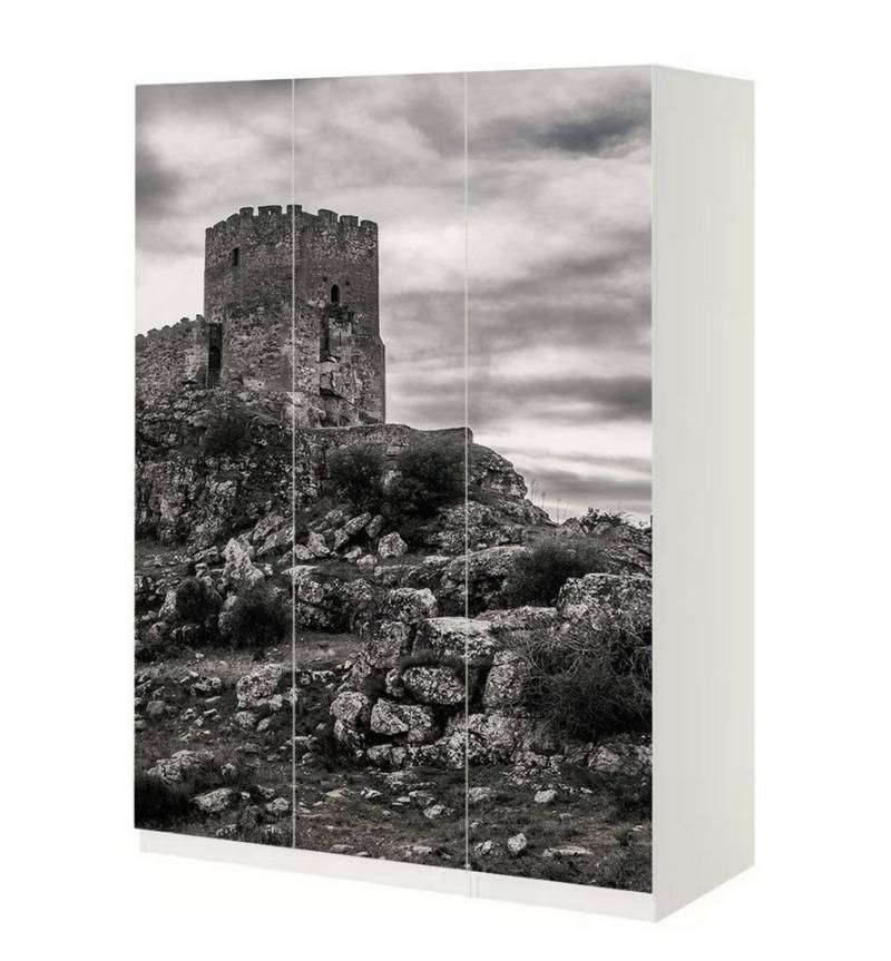 MyMaxxi Möbelfolie Schrankaufkleber Pax Alte Burg Bergspitze Klebefolie Möbelfolie Folie, (Altes Schloss schwarz weiss, 3St.}, Ein Aufkleber je Schranktür), Selbstklebend von MyMaxxi