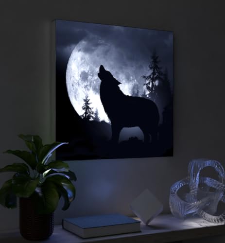 MyMaxxi - Pixlip Poster Heulender Wolf Wandbild Design Wand Dekoration, Foto schwarz weiß Leuchtrahmen - Wolf Mond, 42x60 cm, Rahmen: Leuchtrahmen inkl. Druck von MyMaxxi