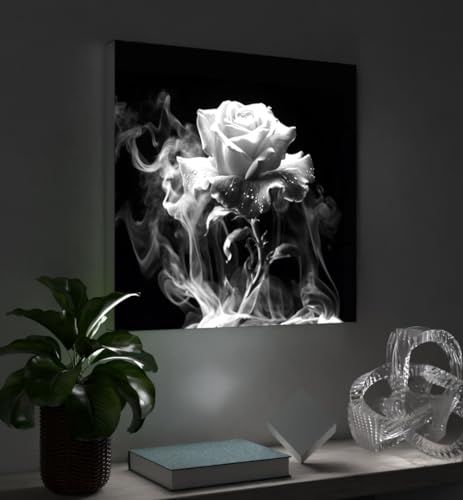 MyMaxxi - Pixlip Poster Rose und Rauch sw Wandbild Design Wand Dekoration, Foto schwarz weiß Leuchtrahmen - Rosenblüte, 120x84 cm, Rahmen: Leuchtrahmen inkl. Druck von MyMaxxi