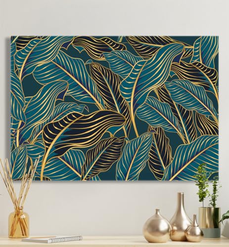 MyMaxxi - Premium Leinwandbild auf Keilrahmen Blätter türkis-Gold Wandbild Design Wand Dekoration, Gemälde türkis blau Leinwand - Blatt, Groesse_leinwand:70x100 cm von MyMaxxi