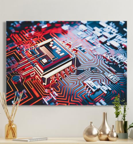 MyMaxxi - Premium Leinwandbild auf Keilrahmen Platine Chip Wandbild Design Wand Dekoration, Foto rot blau Leinwand - Microchip, Groesse_leinwand:80x120 cm von MyMaxxi