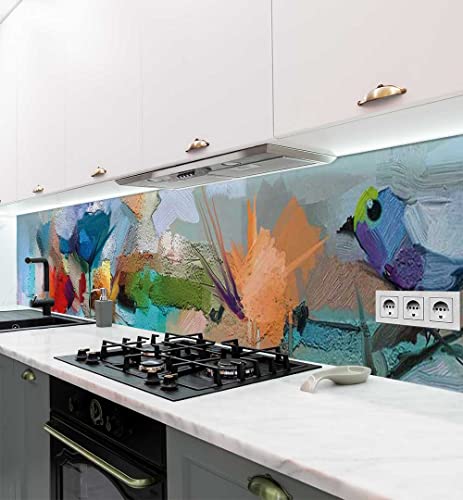 MyMaxxi - Selbstklebende Küchenrückwand Folie ohne Bohren - Abstrakte Malerei mit bunten Pinselstrichen blau 60cm hoch- Klebefolie Wandtattoo Wandbild Küche - Wand-Deko - Gemälde Zeichnung Kunstwerk von MyMaxxi