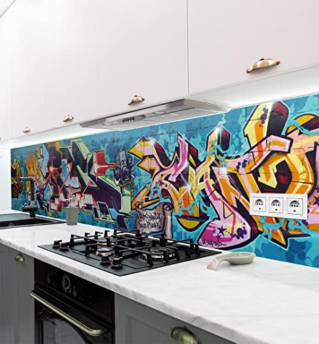 MyMaxxi - Selbstklebende Küchenrückwand Folie ohne Bohren - Motiv Graffiti 1 60cm hoch - Klebefolie Wandbild Küche - Wand-Deko – Bunt Schrift 340 x 60cm von MyMaxxi