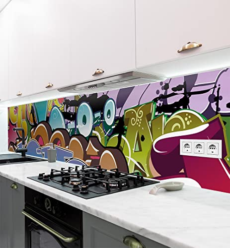 MyMaxxi - Selbstklebende Küchenrückwand Folie ohne Bohren - Motiv Graffiti 2 60cm hoch – Klebefolie Wandbild Küche - Wand-Deko – Bunt Schrift 280 x 60 cm von MyMaxxi