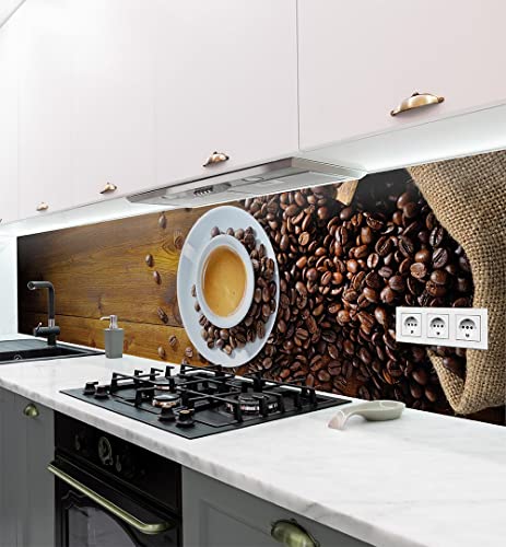 MyMaxxi - Selbstklebende Küchenrückwand Folie ohne Bohren - Motiv Kaffee 60cm hoch – Klebefolie Wandbild Küche - Wand-Deko – Bohnen Trinken 340 x 60cm von MyMaxxi