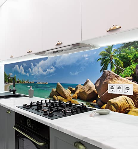 MyMaxxi - Selbstklebende Küchenrückwand Folie ohne Bohren - Motiv Landschaft 01-60cm hoch - Wandbild Küche - Wand-Deko – Meer Felsen Palmen Landschaft 120 x 60cm von MyMaxxi