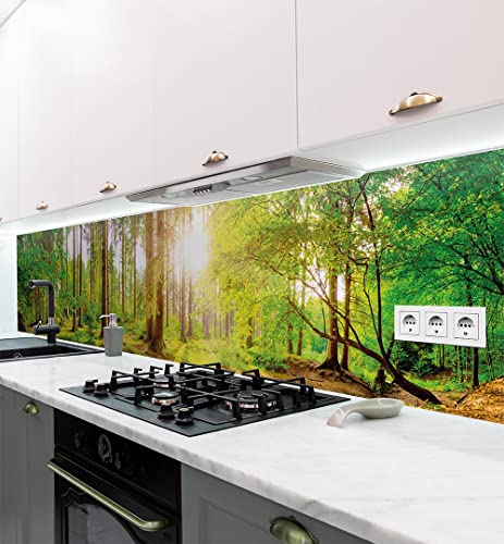 MyMaxxi - Selbstklebende Küchenrückwand Folie ohne Bohren - Aufkleber Motiv Wald - 60cm hoch - Klebefolie Wandbild Küche - Wand-Deko – Bäume Lichtung Tannen 280 x 60 cm von MyMaxxi