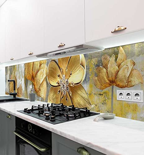 MyMaxxi - Selbstklebende Küchenrückwand Folie ohne Bohren - Blühende Blume mit Diamanten gelb 60cm hoch- Klebefolie Wandtattoo Wandbild Küche - Wand-Deko - Abstrakt Pflanze Malerei - von MyMaxxi