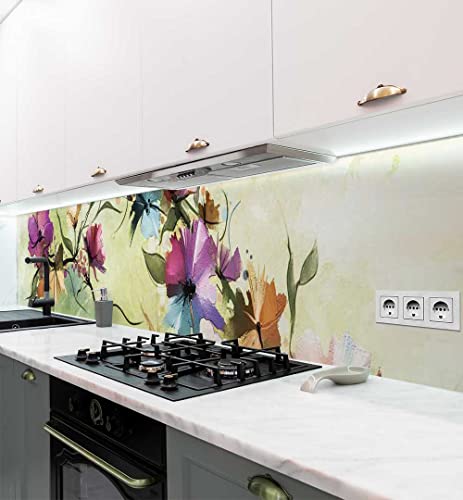 MyMaxxi - Selbstklebende Küchenrückwand Folie ohne Bohren - Bunt blühende Blumenranke grün 60cm hoch- Klebefolie Wandtattoo Wandbild Küche - Wand-Deko - Pflanze blühen Kunstwerk - von MyMaxxi