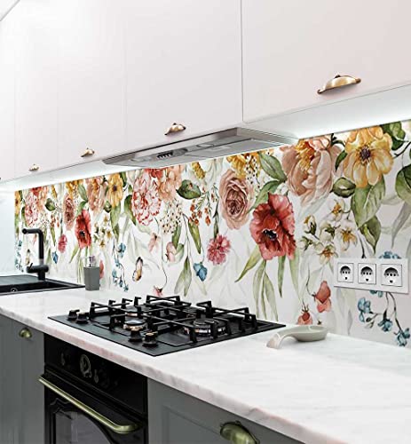 MyMaxxi - Selbstklebende Küchenrückwand Folie ohne Bohren - Bunte Auswahl an schönen Blumen rosa 60cm hoch- Klebefolie Wandtattoo Wandbild Küche - Wand-Deko - Blüte blühen Pflanze - von MyMaxxi