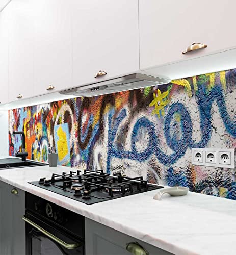 MyMaxxi - Selbstklebende Küchenrückwand Folie ohne Bohren - Bunte kreative Graffiti Wand blau 60cm hoch- Klebefolie Wandtattoo Wandbild Küche - Wand-Deko - Straßenkunst Malerei Zeichnung - von MyMaxxi